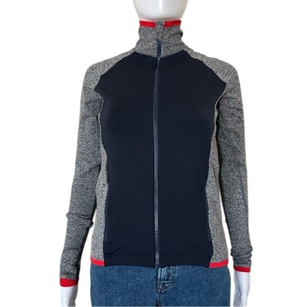 Athleta Andes Hybrid Blue Grey Red Long Sleeve Full Zip Thumb Holes Jacket - XS